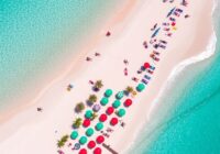 Curacao beach with turquoise waters and colourful umbrellas