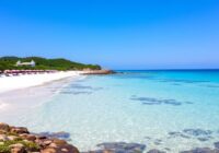 Beautiful Curacao beach with turquoise waters and umbrellas.