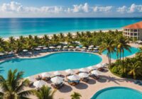 Strandresort met zwembad en palmbomen