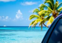 Car by Curacao beach with palm trees
