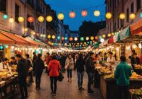 Straßenmarkt mit bunten Ständen und Menschen